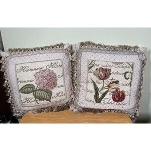 C&F Home Wool Hydrangea Tulip Needlepoint Petit Point Pillows with Tassel Fringe